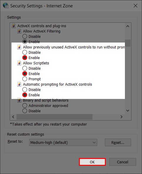 Thiết lập ActiveX controls and plug-ins